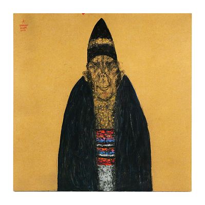 SABHAN ADAM Figure w/ Pointed hat. Mixed media including paint and ink on board of a figure with 