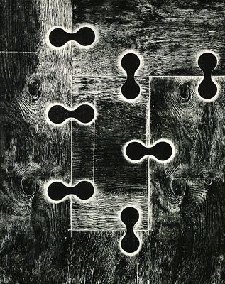 MEL KENDRICK 7 Locks Woodcut. Woodcut print of wood grain panels with interlocking shapes titled 