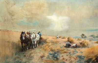 FRANK F. ENGLISH Rural Scene Watercolor. Large watercolor of rural scene with horses and figures 
