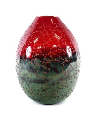 Duncan McClellan Red & Green Art Glass Vase. Blown art glass vase with layered red &amp; green 