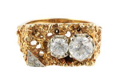 14K Gold Nugget Ring with Diamonds. 14K yellow gold nugget-style ring featuring two round 
