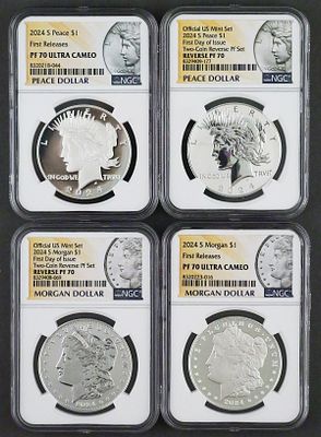 2024 Morgan & Peace Silver Dollars NGC PF70. (4) 2024-S silver dollars comprising (2) Morgan and 