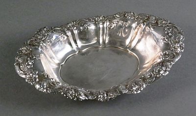 Whiting Sterling Silver Bowl Violets. Whiting Art Nouveau sterling silver repousse oval bowl 