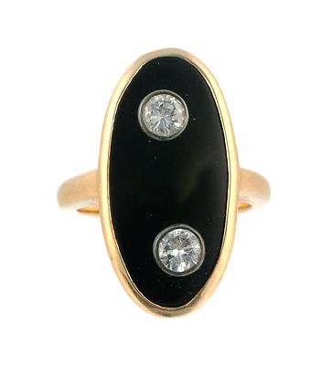 14K Gold Diamond & Onyx Ring. 14K yellow gold ring featuring two round brilliant-cut diamonds 