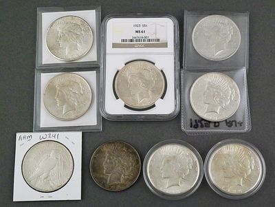 (9) Silver Peace Dollars. (9) silver Peace dollars, all dated 1923. Four bear the 1923 S 