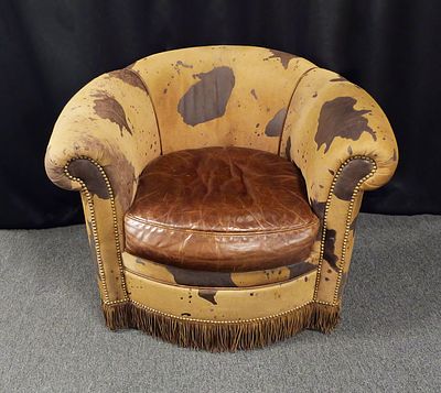 Vintage Cowhide Leather Barrel Chair. Stunning Western-style swiveling barrel chair by 