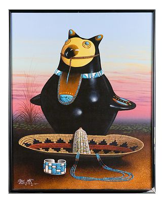 JACKIE BLACK, Navajo Painting on Canvas. Oil on canvas painting of owl pottery vessel and basket 