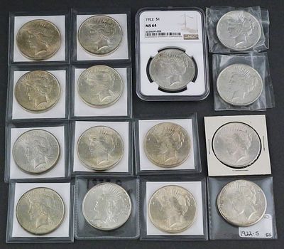(15) 1922 Silver Peace Dollars. (15) silver Peace dollars, all dated 1922. One has S mint mark 
