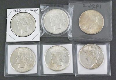 (6) 1926 Peace Silver Dollars. Six 1926 silver Peace dollars. Two mint marked D and two marked 