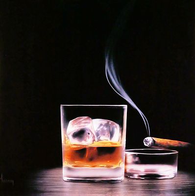 STEPHEN MULDOON, Giclee on Aluminum. Titled "Gentlemen's Quarterly" -- depicts a whiskey and a 