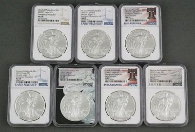 (7) NGC Graded Silver Eagles 2020&acirc;€“2021. Group of (7) NGC graded Silver Eagles, all one troy 