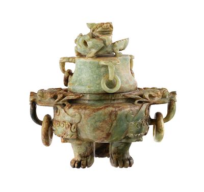 Chinese Jade Censer with Coiled Dragon Finial. Green and brown hardstone censer intricately 