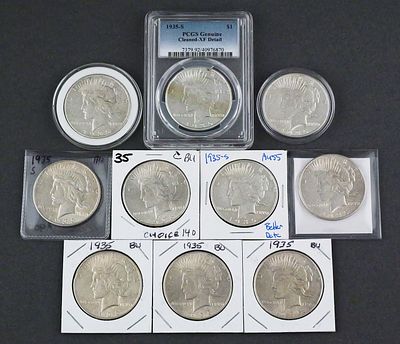 (10) 1935 Silver Peace Dollars. (10) silver Peace dollars, all dated 1935. Five bear the S 