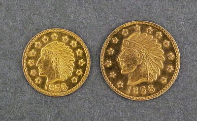 (2) 1856 Indian Head California Gold Tokens. Each dated 1856, features an Indian Head portrait 