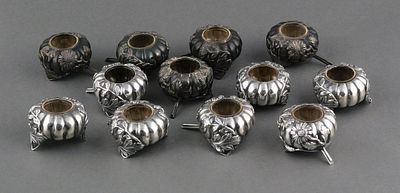 Antique Japanese Sterling Salt Cellars (12). 12 sterling silver pumpkin or Kabocha-shaped salt 