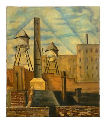 EMIL GANSO New York Skyline WPA Era O/C. Urban Modernist industrial oil on canvas painting by 