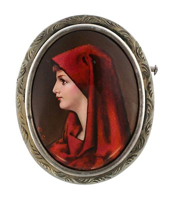 Antique Enamel Signed Portrait Brooch. Enamel portrait brooch depicting Saint Fabiola. Oval 