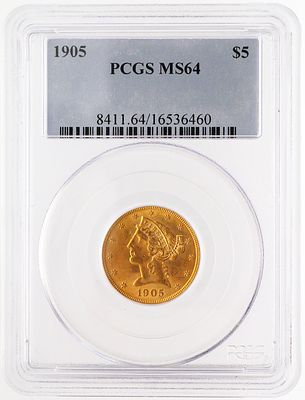 1905 $5 Gold Half Eagle PCGS MS64. 1905 U.S. gold half eagle, Liberty Head design. PCGS graded 