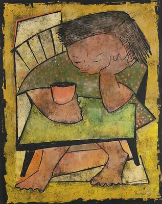 ANGEL BOTELLO Seated Child Linocut. Angel Botello (Spain, 1913-1986), Seated Child Linocut Print 