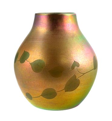 TIFFANY Leaf & Vine Favrile Art Glass Vase. Tiffany Studios gold Favrile "Leaf and Vine" vase. 
