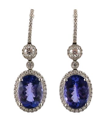 18k Gold Tanzanite & Diamond Earrings. 18k white gold tanzanite and diamond earrings. Oval 