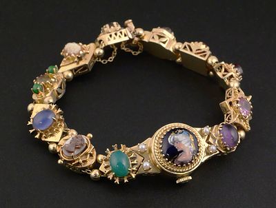 14K Gold Gemstone Bracelet w/ Omega Watch. Vintage Omega ladies manual-wind wristwatch 