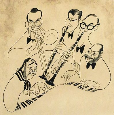 AL HIRSCHFELD Big Band Etching. Etching on paper of 5 musicians titled "Big Bands" signed in 