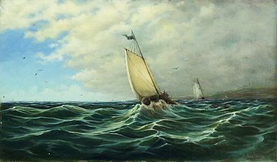19C Sailing Ship Oil on Canvas Painting, M. White. 19th century American oil on canvas seascape 