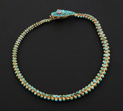 Rare 19C Gold Jeweled Serpent Necklace. Antique mid-Victorian snake necklace. Purity ~15k, with 