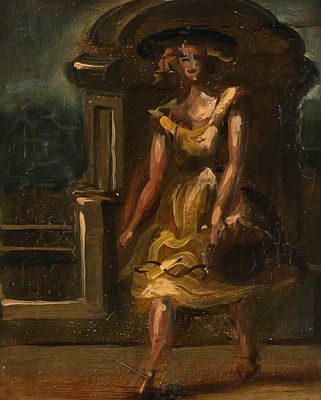 REGINALD MARSH Oil Painting, Woman Walking. Oil on Masonite board painting of a woman walking on 