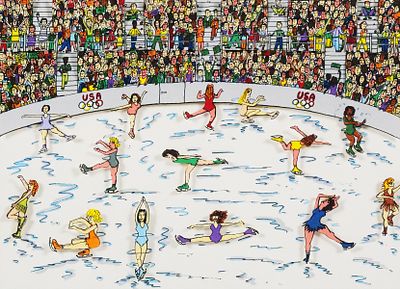 JAMES RIZZI 3D Collage Lithograph, Ice Skating. 3-D cut out lithograph collage titled "That 