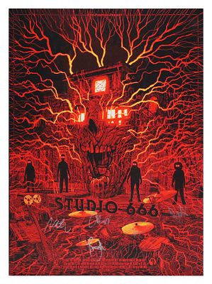 FOO FIGHTERS Band Signed Movie Poster. Poster for the 2022 movie "Studio 666," signed by all six 