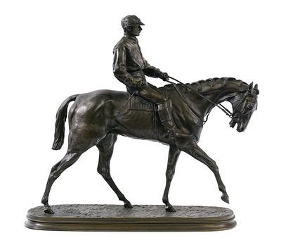 P.J. MENE Bronze, Winner of the Derby. PJ Mene (French, d.1879), Bronze figure, Jockey a Cheval 