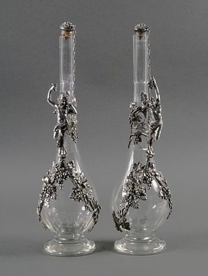 Pr. Antique 800 Silver Wine Decanters. A pair of antique 19th century European 800 silver and 