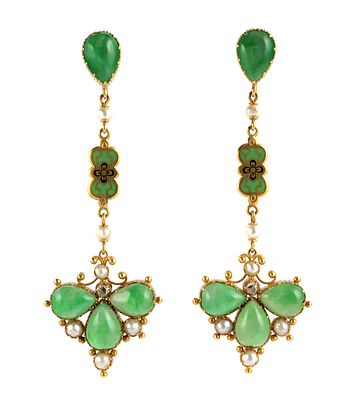 Vintage 14k Gold Jade & Pearl Drop Earrings. Pair of Art Deco drop or chandelier earrings, with 