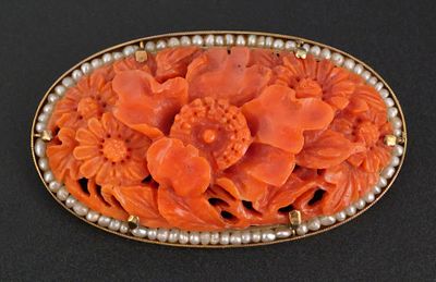 Antique 14k Gold Carved Coral Brooch Pin. Early 20th century brooch, with carved red coral 