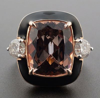 14K Gold Morganite & Diamond Ring. 14K two-tone rose and white gold ring set with one 