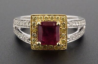 18K White & Yellow Gold Ruby Diamond Ring. 18K two-tone gold ring set with one approximately 
