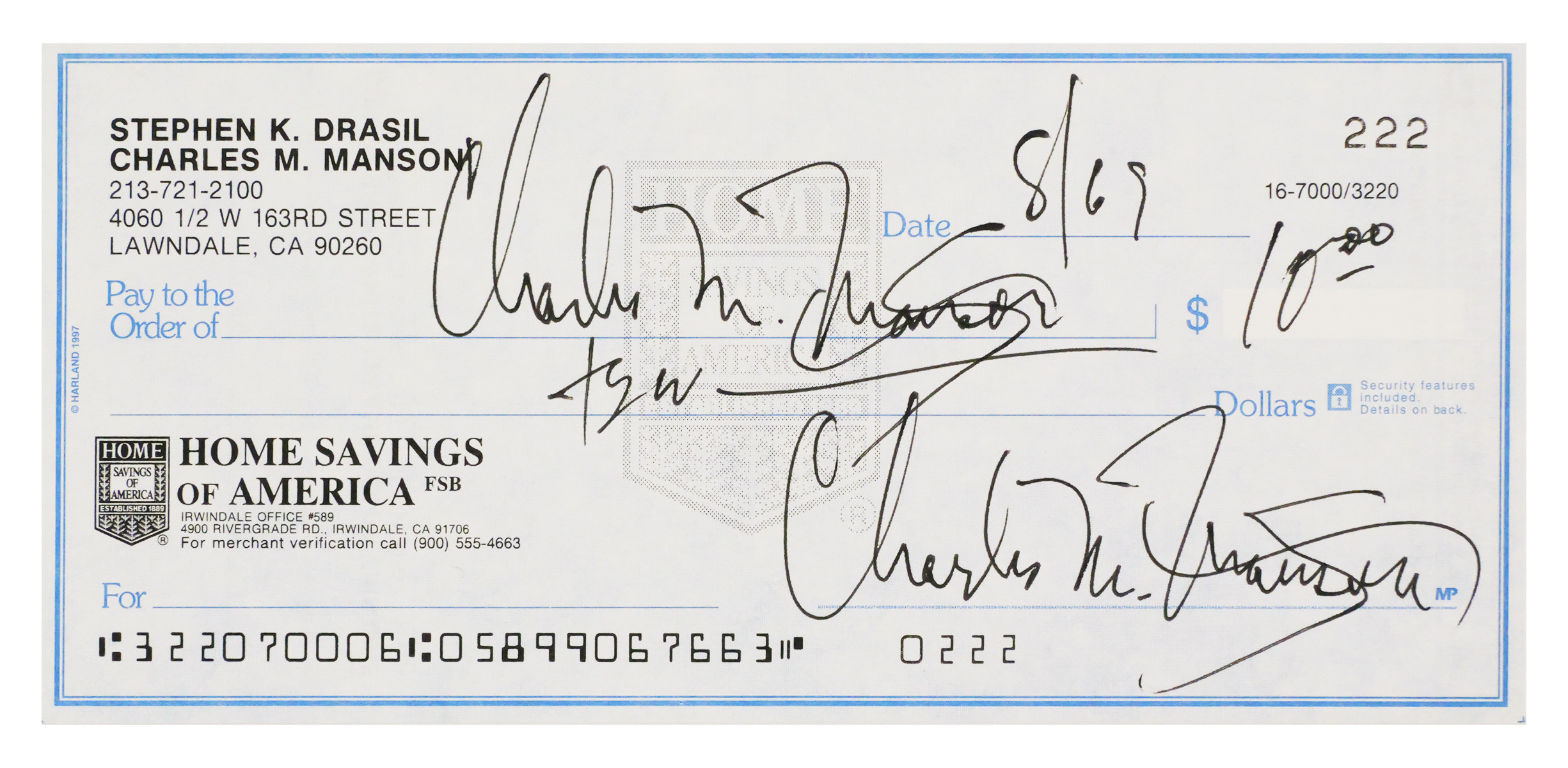 CHARLES MANSON Signed Check