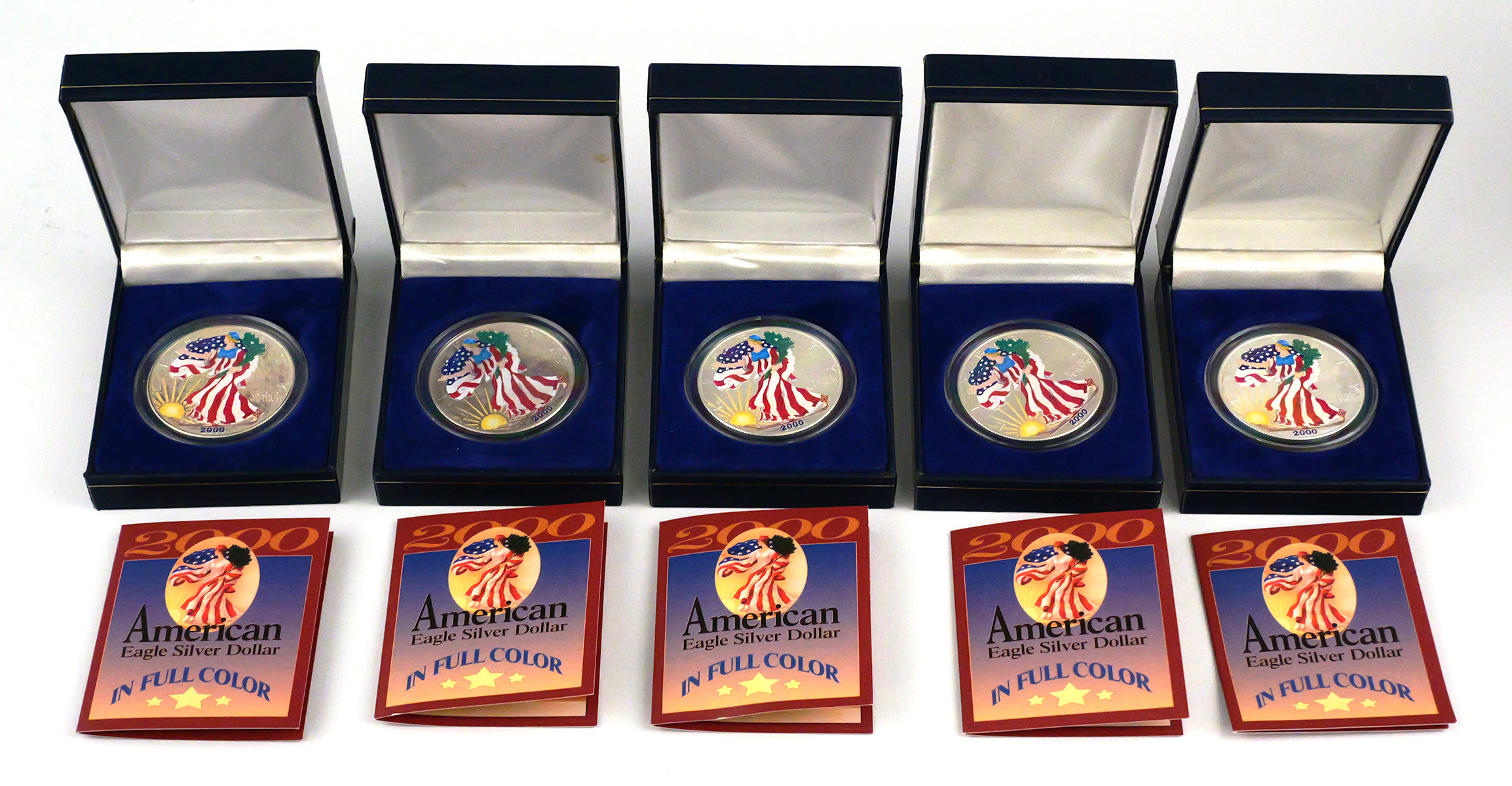 (5) 2000 American Eagle Silver Dollars in Color