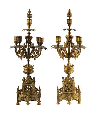 Pair Gothic Revival Gilt-Metal Candelabra. Pair of large gilt-metal Gothic Revival five-light 