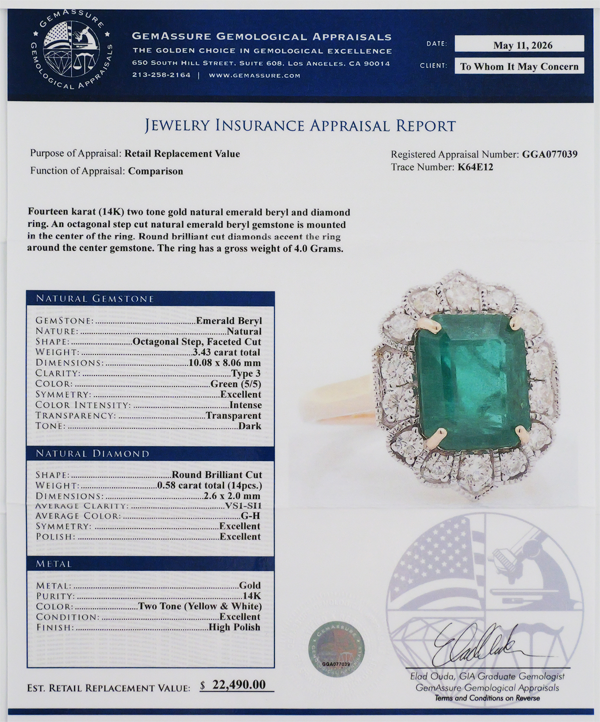 14K Two-Tone Gold Emerald Diamond Ring