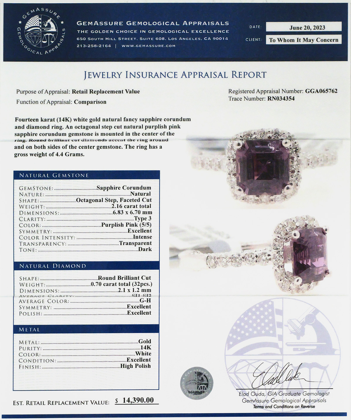 14K Gold Pink Sapphire Diamond Ring