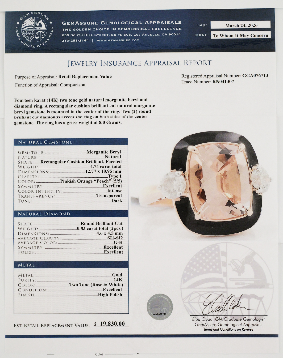 14K Gold Morganite & Diamond Ring