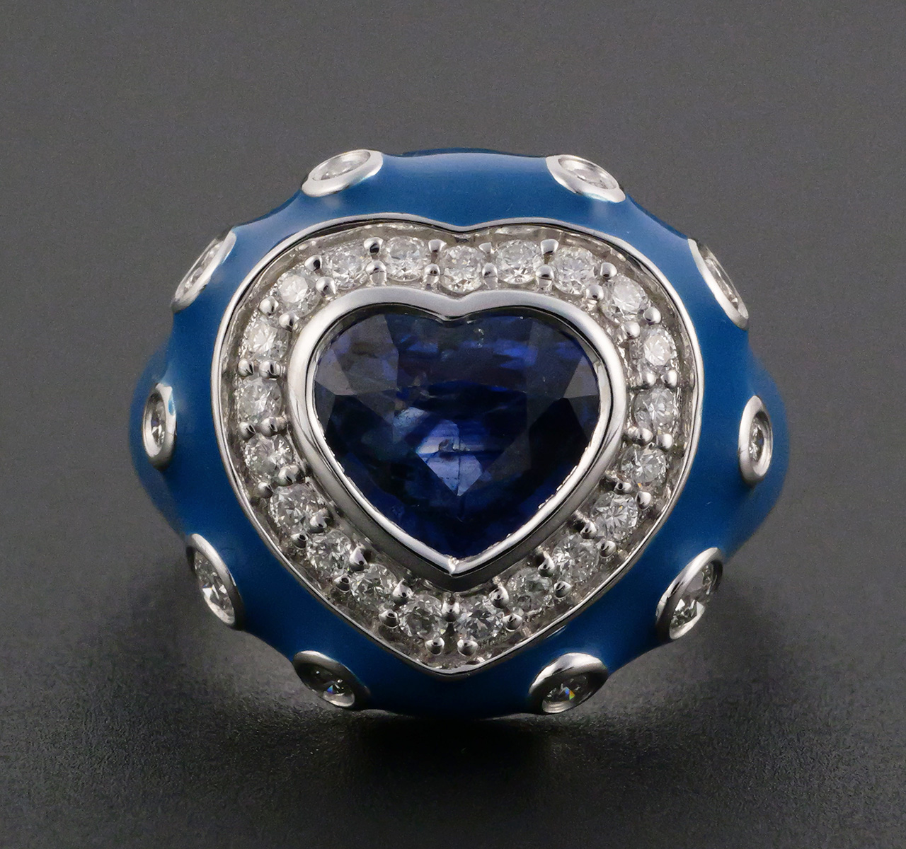 18K Gold Sapphire Diamond & Enamel Ring