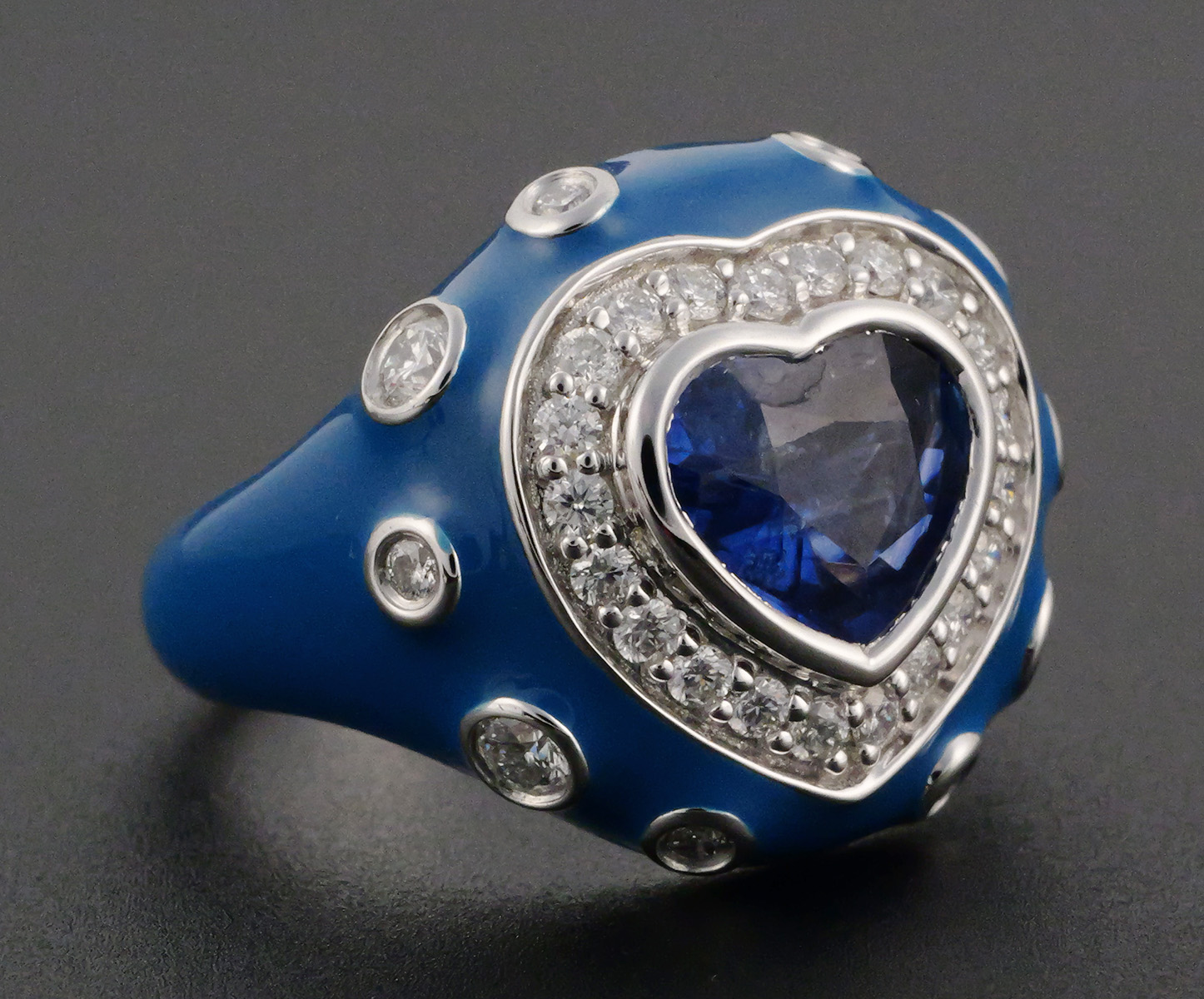 18K Gold Sapphire Diamond & Enamel Ring