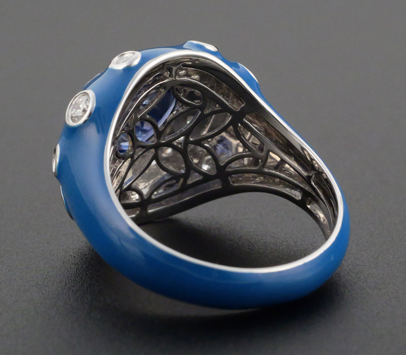 18K Gold Sapphire Diamond & Enamel Ring