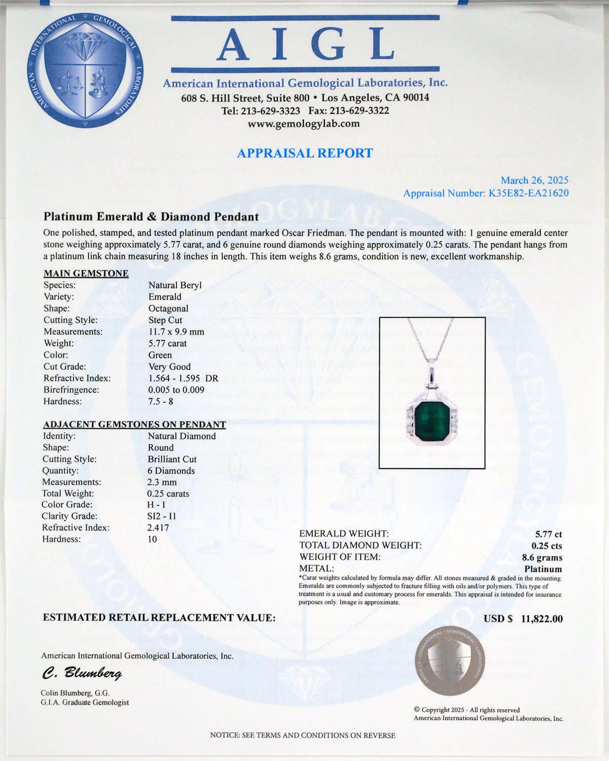 5.77 ct Emerald Diamond Platinum Pendant