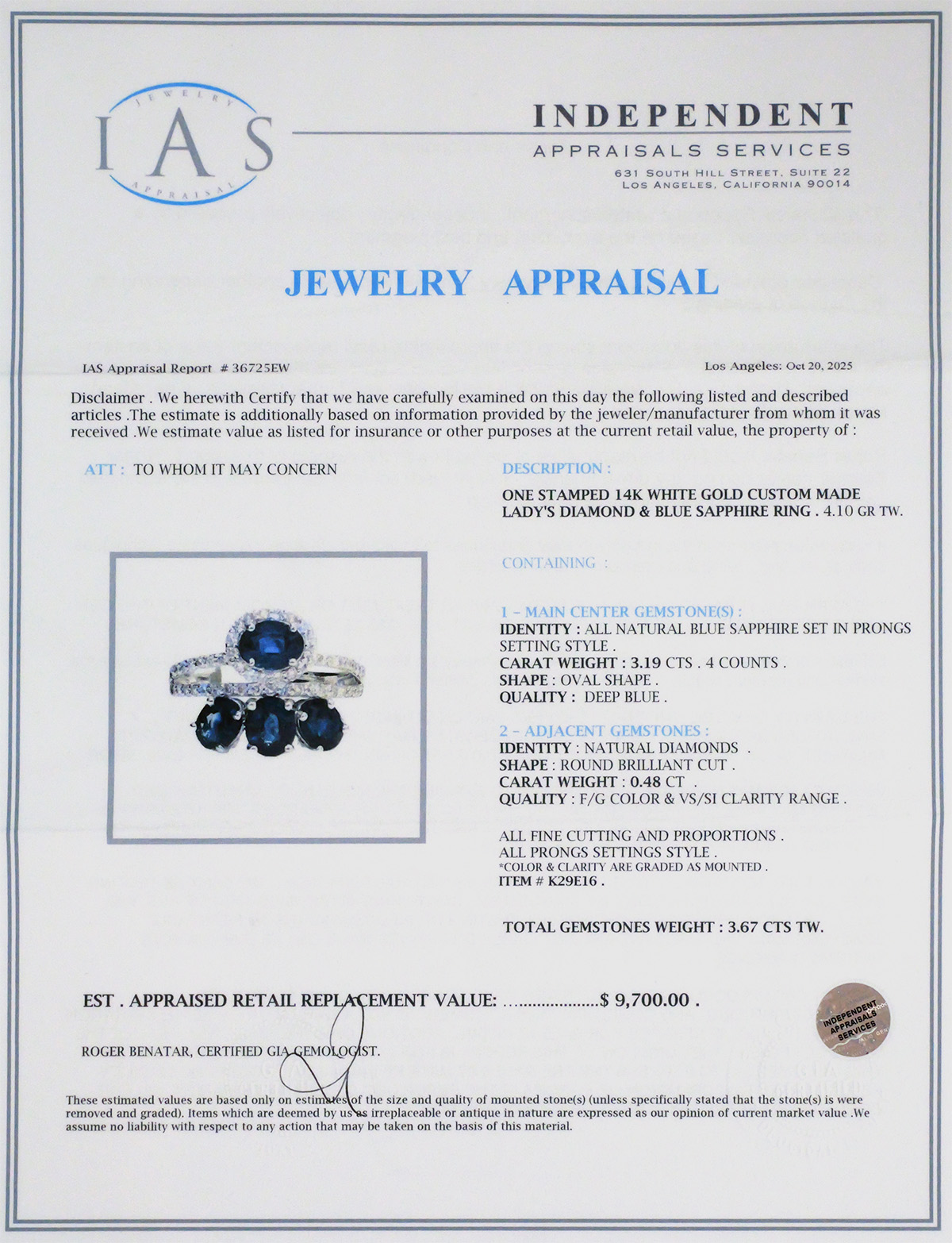 14K White Gold Sapphire Diamond Ring 3.67 CTW