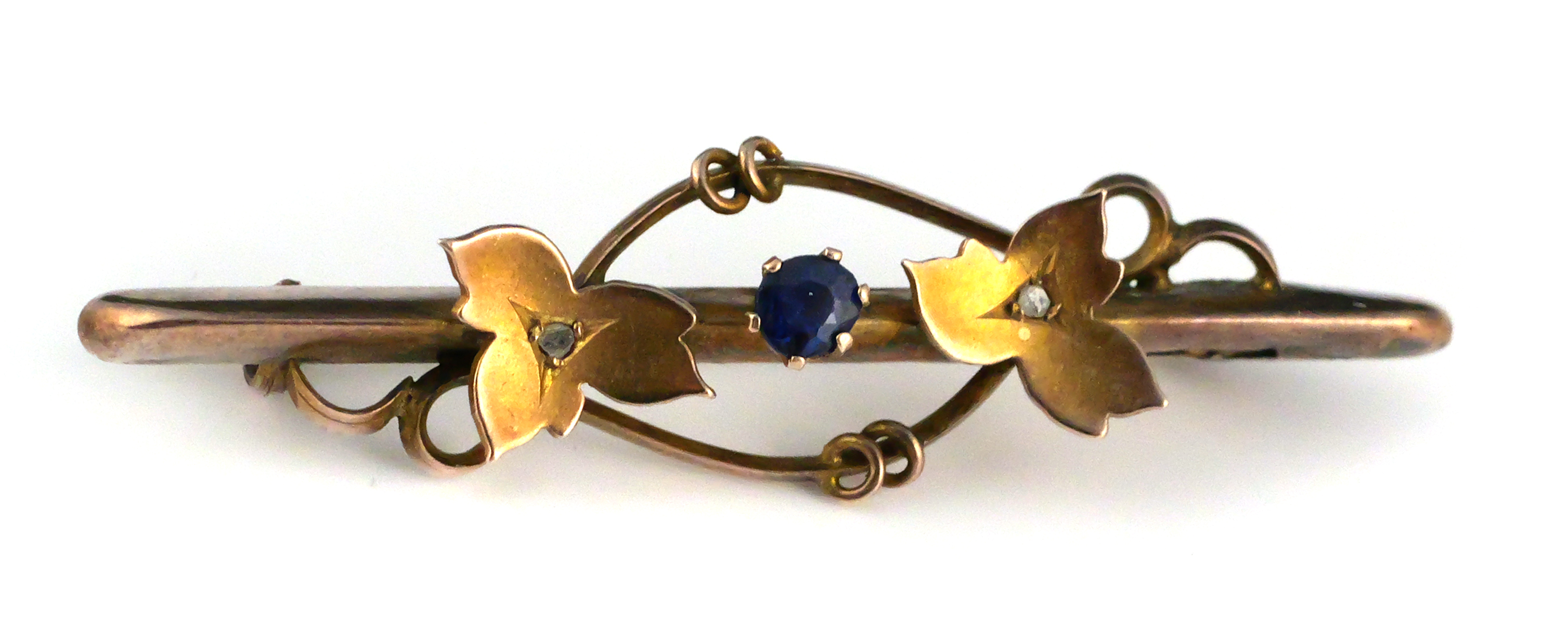 9K Gold Blue Tourmaline Floral Bar Brooch